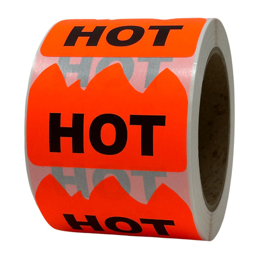 Hudson Exchange 3 x 2" (Roll of 500) “HOT” Flame-Shape Pressure Sensitive Labels, Fluorescent Red