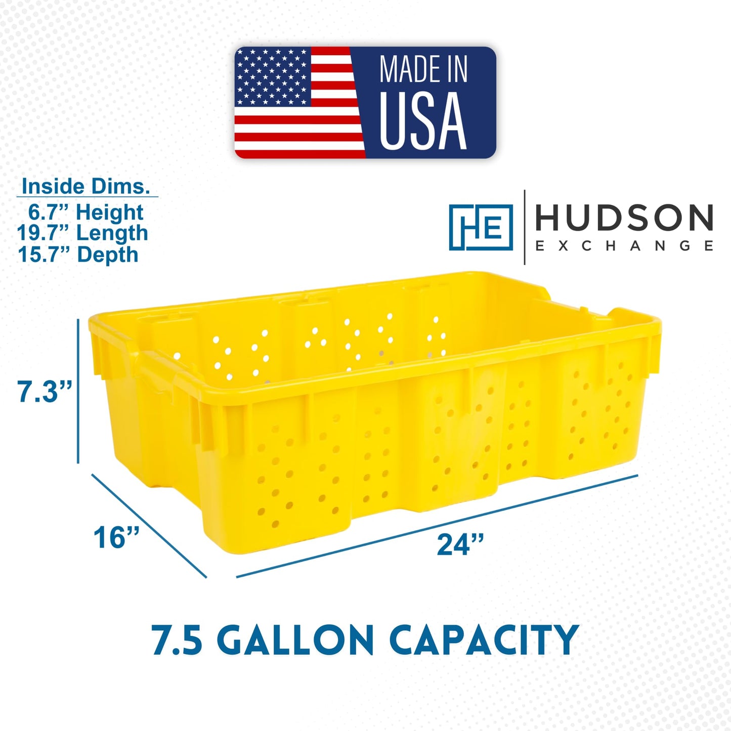 Hudson Exchange 24 x 16 x 7.3" (7.5 Gallon) Agricultural Vented Crate Handled Storage Container Tote, Yellow